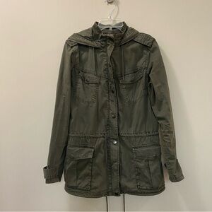 BLANC NOIR Cotton Hooded Utility Jacket Olive Green Zipper Button Size XS